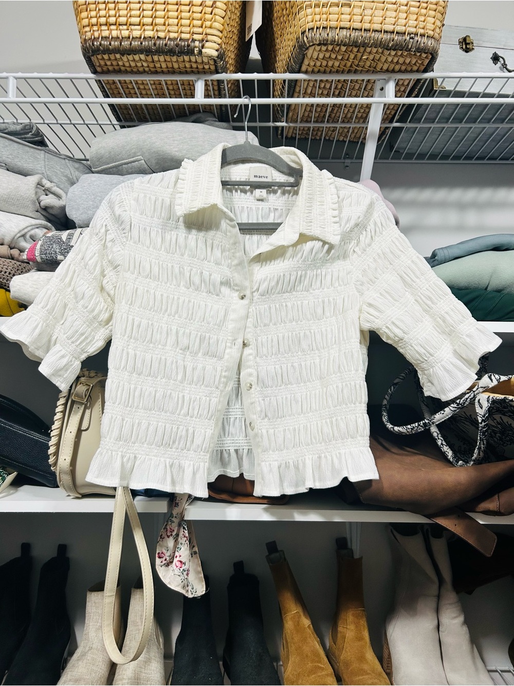 Maeve Crinkled White Button Up Blouse